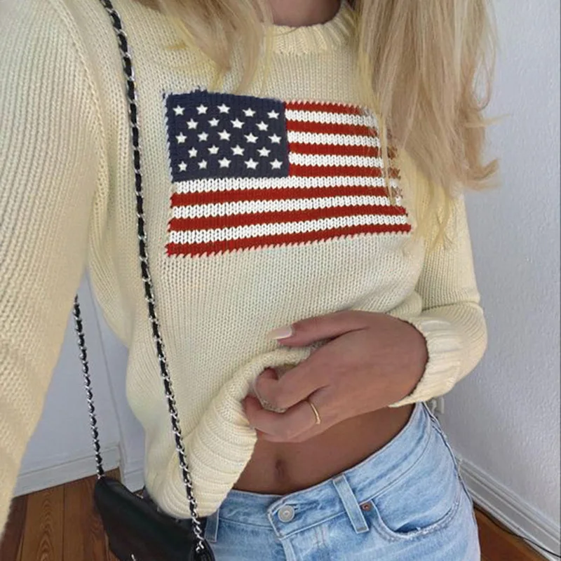 

Y2K autumn and winter warm American flag pattern high collar jacquard pullover knitted sweater Harajuku casual street