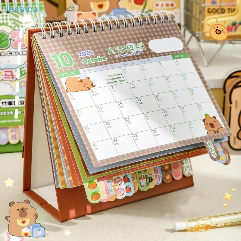 ♥2026 Kawaii Desk Calendar – Capybara & Panda Cartoon Table Calendar for Home & Office