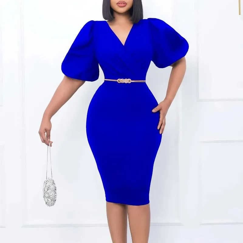 

Polyester African Dresses for Women 2024 Dashiki Bodycon African Clothes Elegant Half Sleeve V-neck Knee-length Dress With Belt