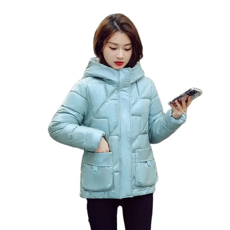 

Women Parkas Winter Short Coat Hooded Thicken Warm Down Cotton Jacket Female Loose Bright Face Outwear Ladies Tops Outcoat