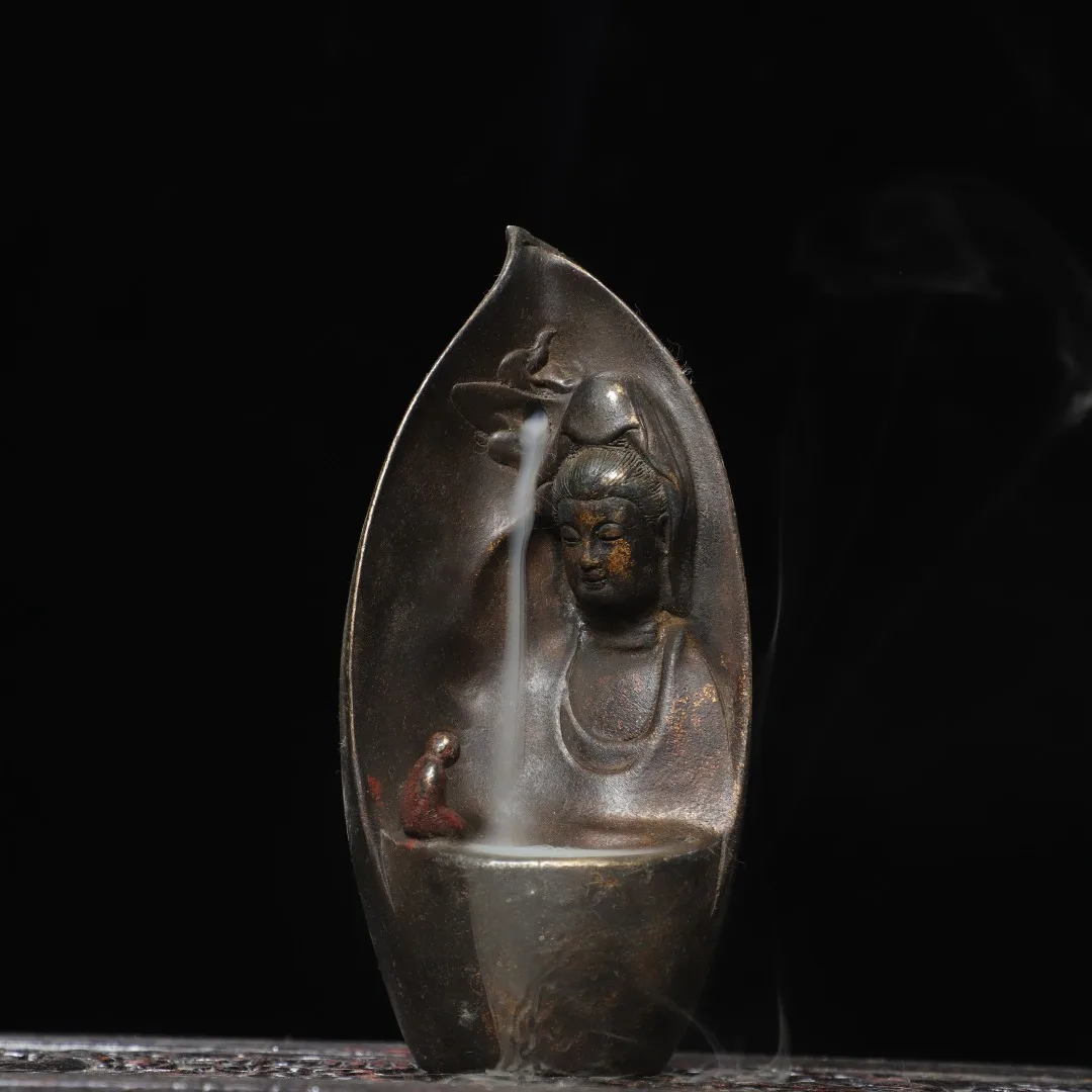Old Bronze Cinnabar Willow Leaf Backlit Buddha Platform Guanyin Bodhisattva Buddha Amitabha Backflow incense incense burner