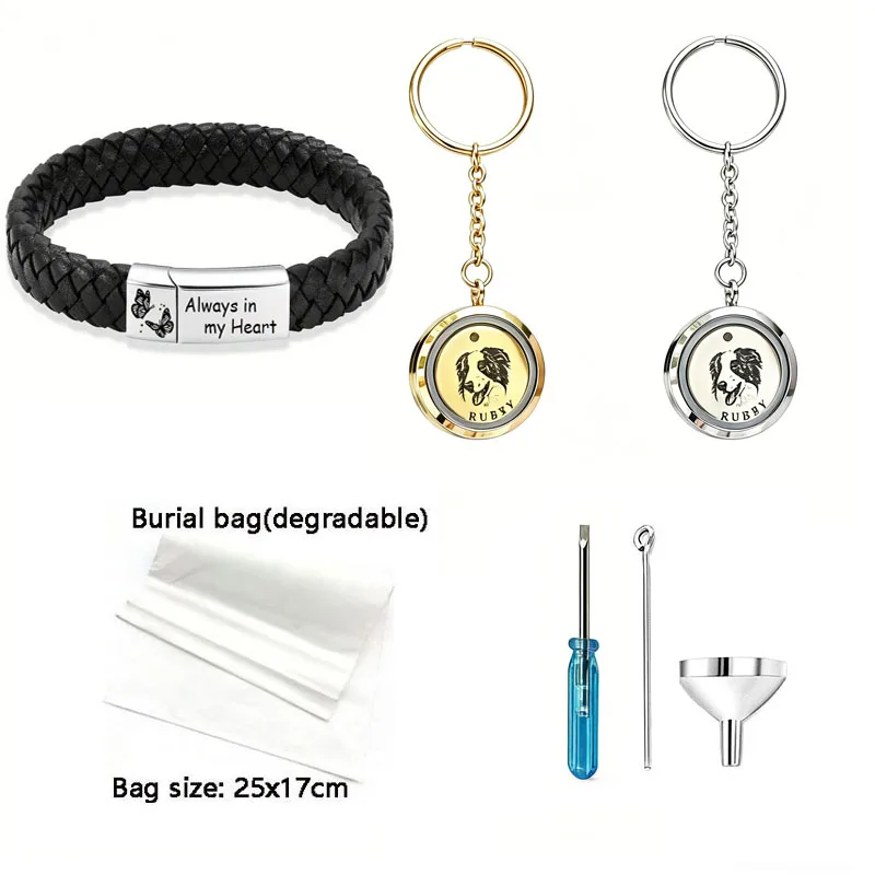 

Custom Pet Ashes Urn Bracelet Keychain Set Personalized Photo Name Engraved Pet Memorial Jewelry With Burial Bag