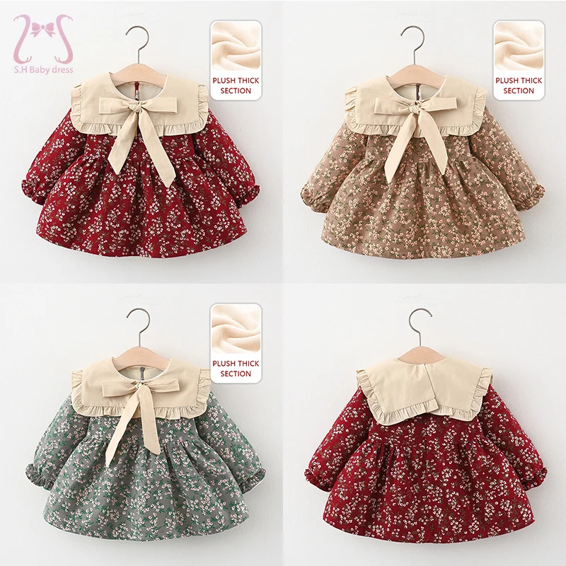 Sweet Baby Girl Dress Spring Autumn Long Sleeve Children Clothing Kids Floral Winter Warm Velvet Dresses 0-3 Y Toddlers Costume