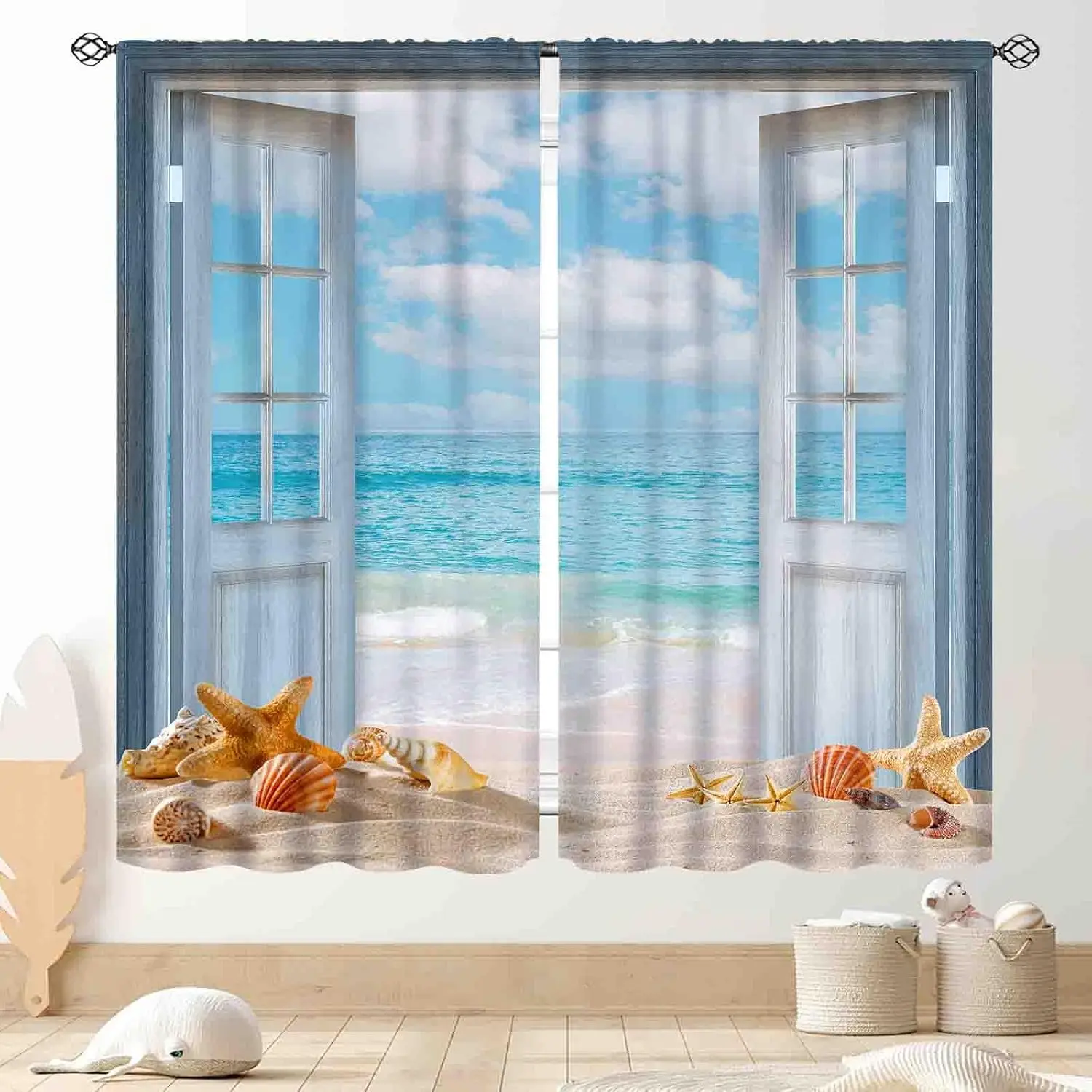Nautical Seaside View Window Curtains, Vintage Wood Door Sand Seashell Ocean Wave Print Drapes for Beach House Living Room Decor