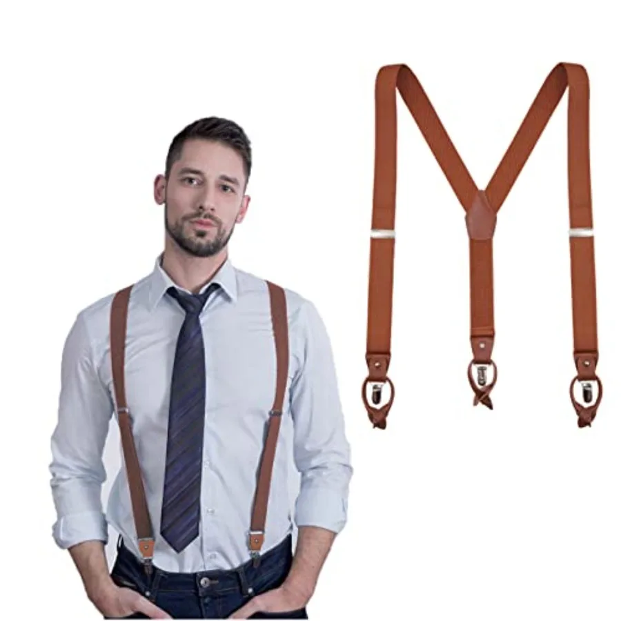 

UPSONG Mens Suspenders Brown Leather Button Tab and Clip Braces Heavy Duty Suspender Wedding Suspenders for Groom Groomsmen