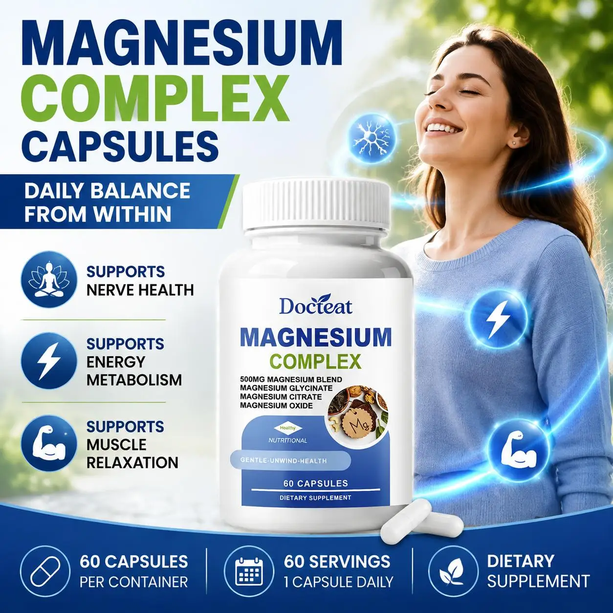 Docteat Magnesium Complex Capsules 500mg L-Theanine Taurine Supports Nerve Health Energy Metabolism Muscle Relaxation 60 Caps