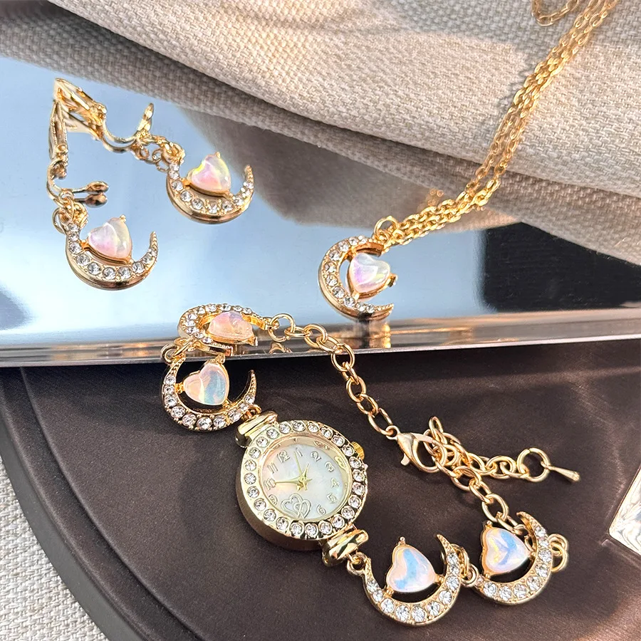 3pcs/set Romantic Women Jewelry Gifts Luxury Rhinestone Heart Moon Bracelet Wristwatches Earrings Necklace Christmas Gifts