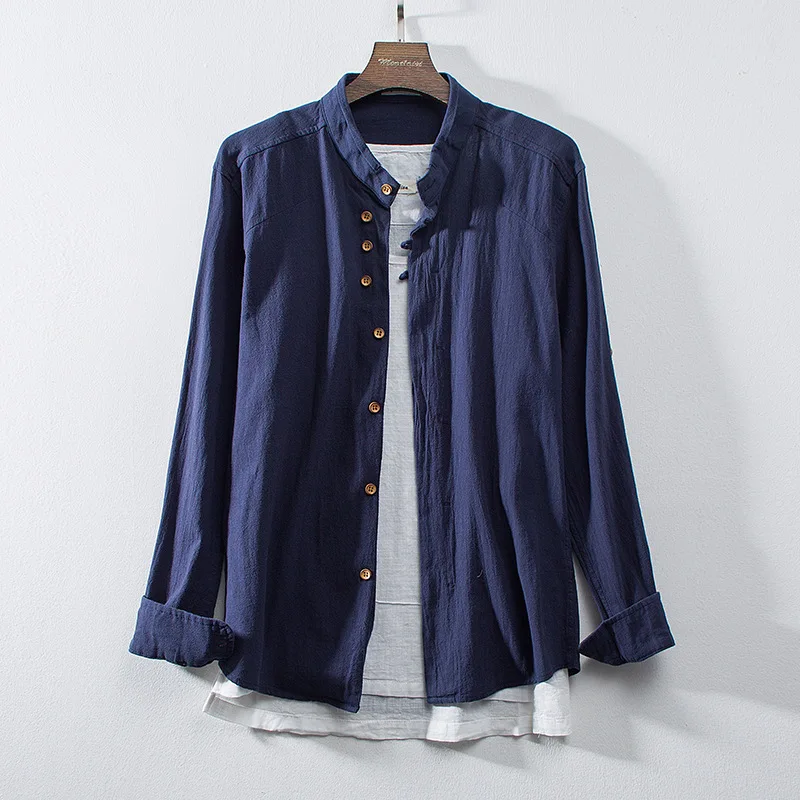 

Рубашка с длинными рукавами, мужская рубашка в китайском стиле в стиле ретро с воротником-стойкой