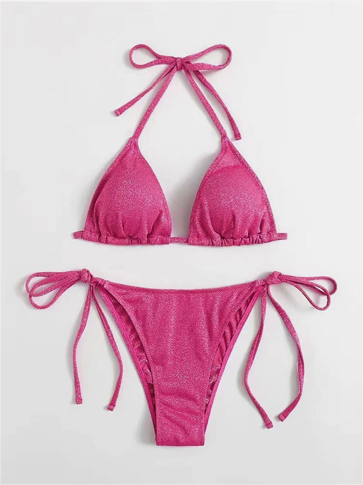 2024 Roze Tweedelige Bikini Sets Dames Frosted Badpak 2 Stuks Sexy Effen Aparte Badmode Vrouwen Glitter Pailletten Bikini Pak