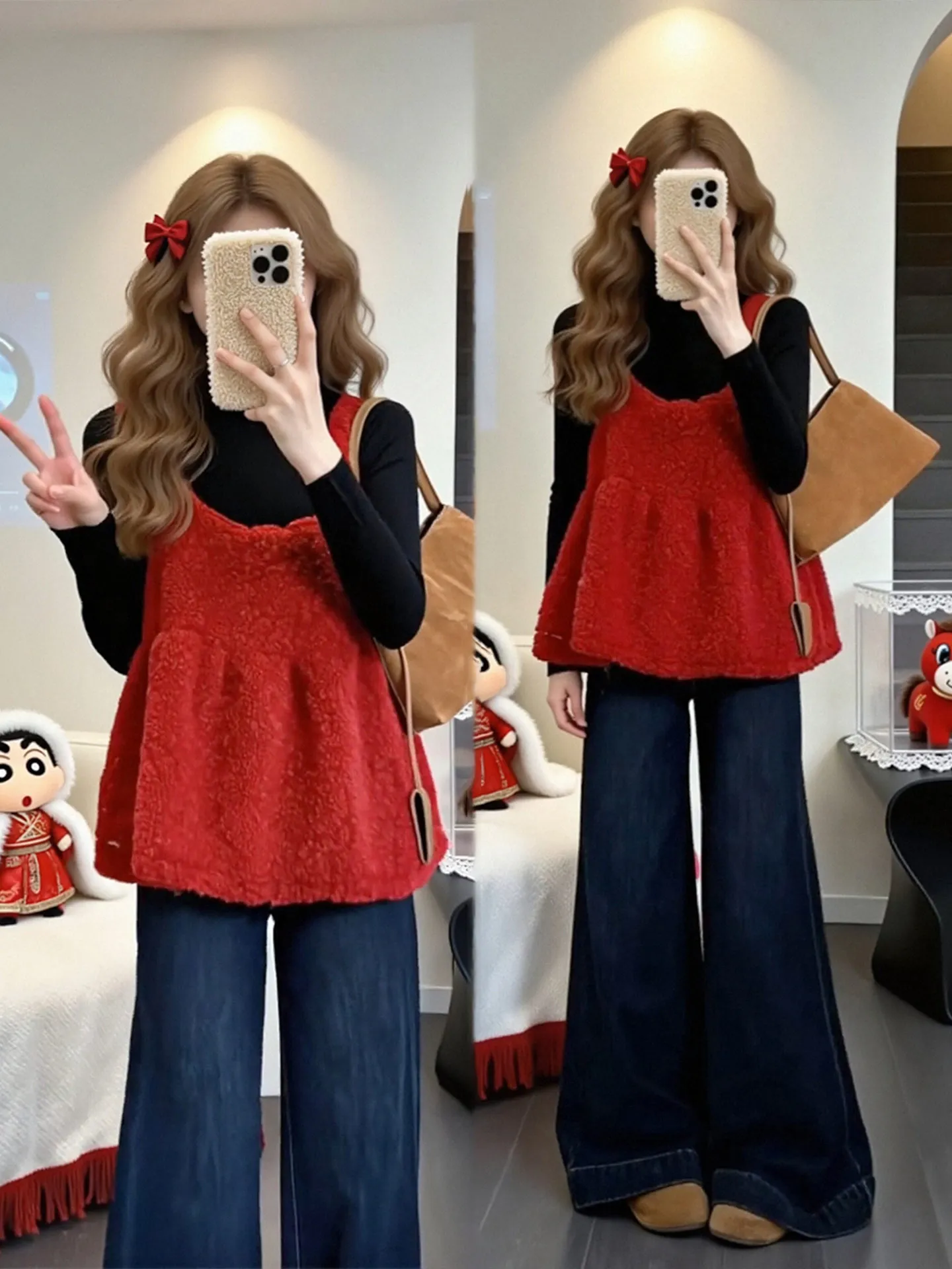 

Spring Faion plus Size Women's Tee-Piece Set Vest Base irt Jeans Layering Casual Loose Fit High Waist Pure Color