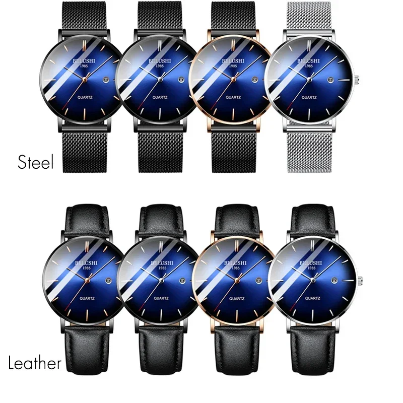 BELUSBottles-Montre à quartz en maille d'acier mince pour hommes, montre-bracelet analogique étanche, horloge masculine, marque supérieure, mode de luxe