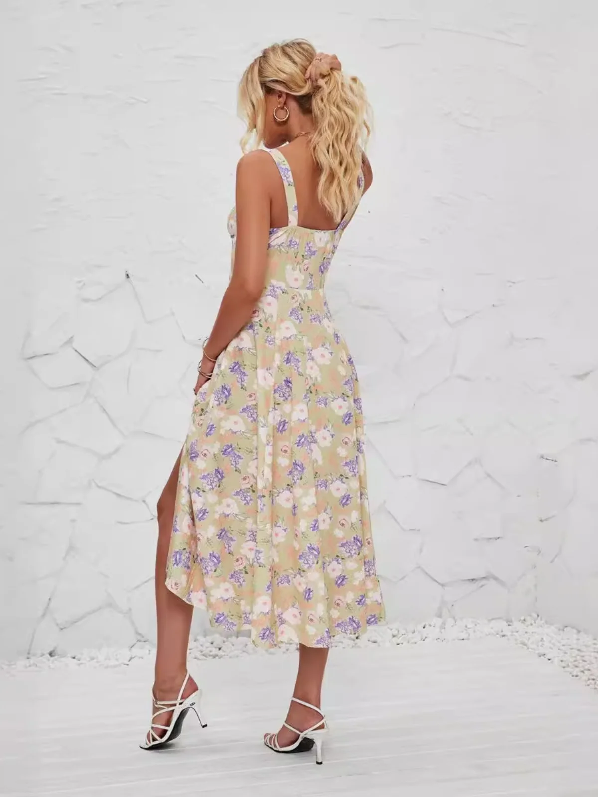 Summer Casual Print Long Dr Women's High Waist A-Line Skirt Polyester Fiber No Sve U-Ne Gown Chinese Production