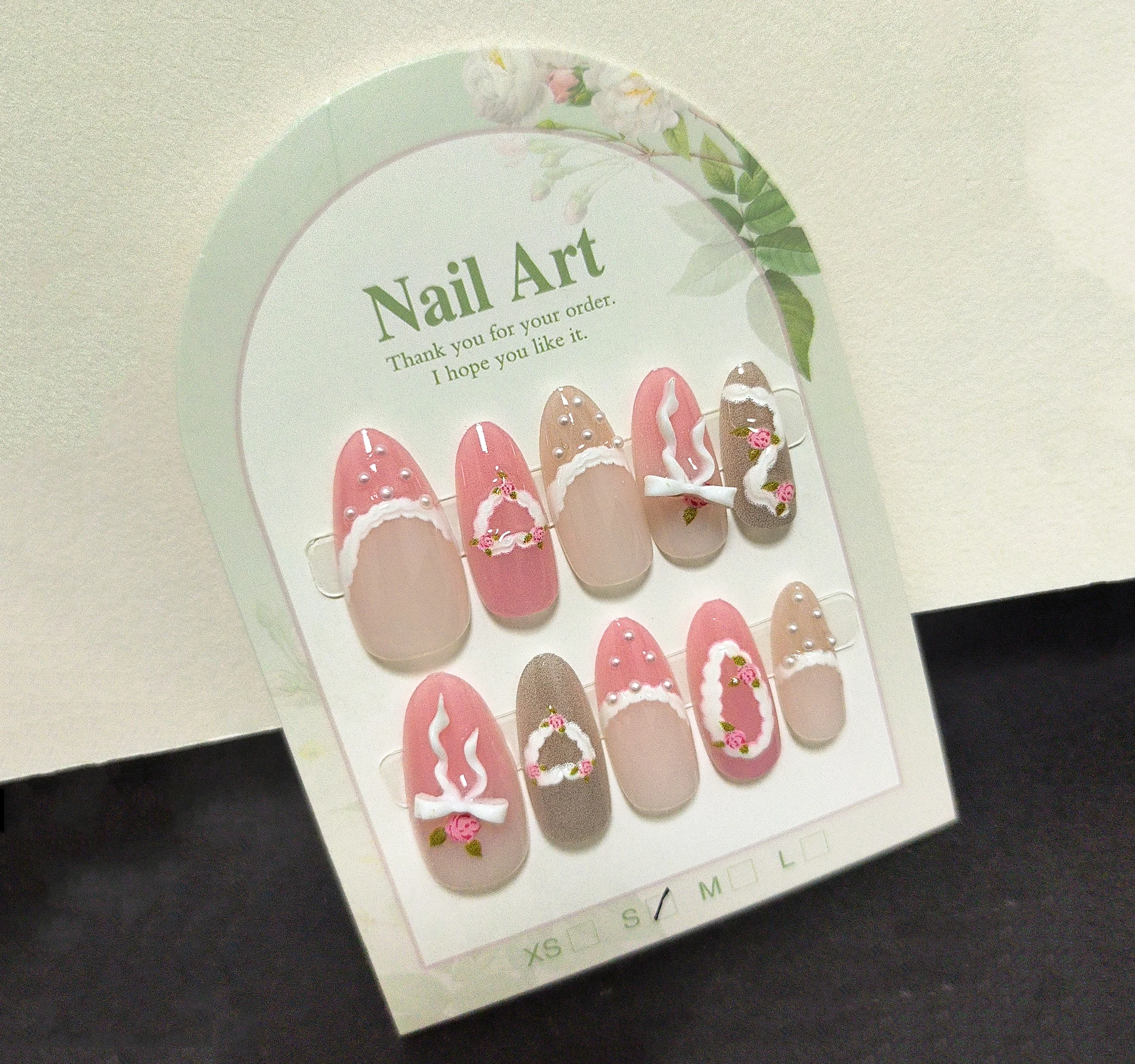 

10pcs Almond Nail Patch Cute Style Pink French Style Cartoon Cake Rose Pattern Removable Reusable Beauty Women Fake Nail Tips
