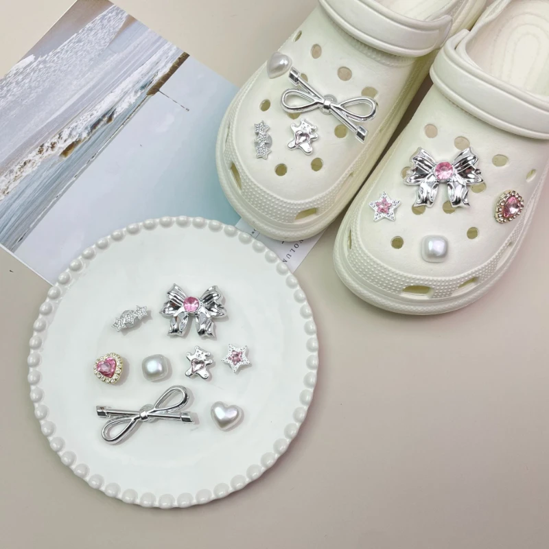 New Y2K Pink Heart & Bow Shoe Charms with Rhinestones & Accents Y2K DIY Charm Set Silvery-Colored Plastic Charms Xmas Gifts