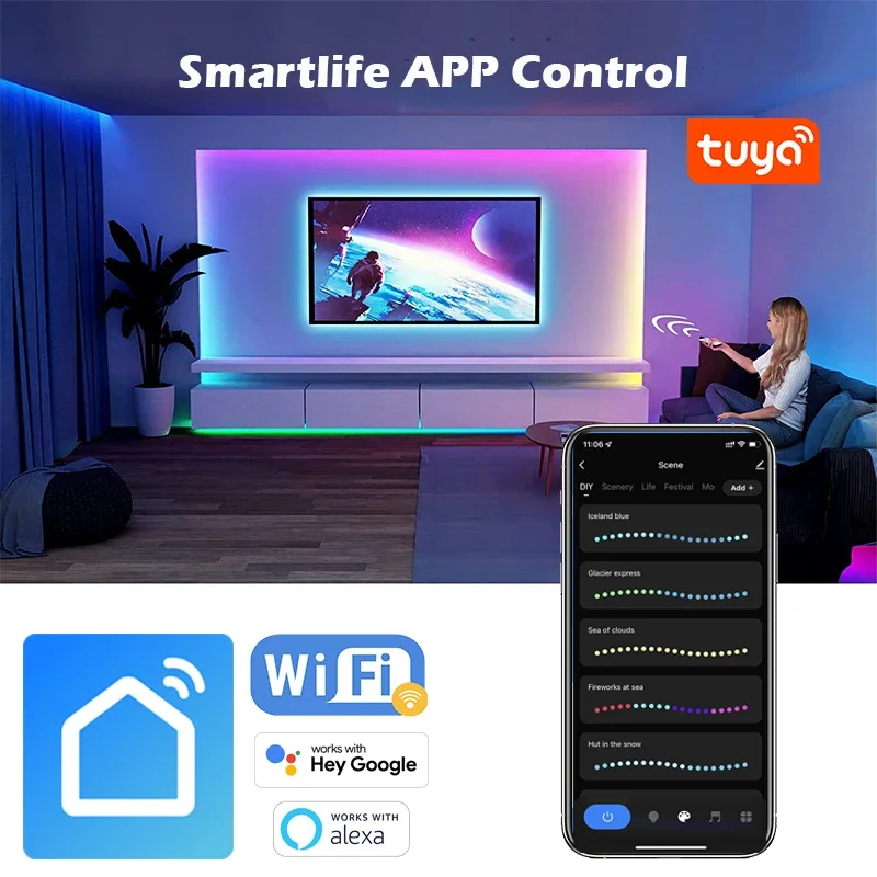20M TUYA lampka LED 12 diod LED/M Smartlife Wifi RGBIC Dreamcolor LED Strip WS2812B lampa do adresowania działa z alexą