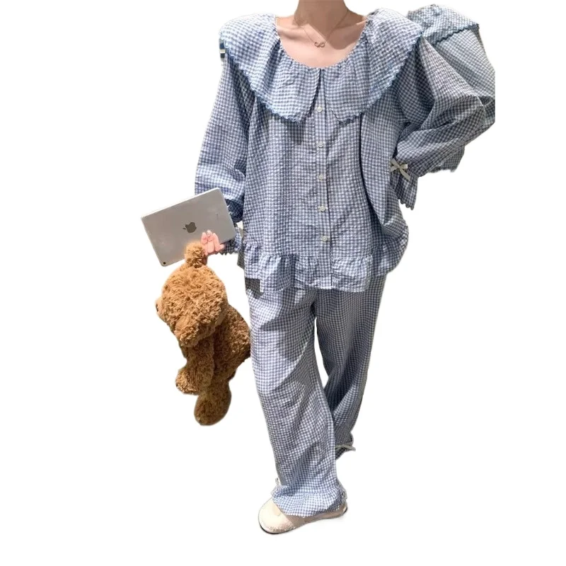 

Комплект с длинными рукавами: удобная повседневная домашняя одежда, которую можно носить на выход, новинка весна-осень 2026, пижама в клетку с бантом в стиле «свежий минимализм»