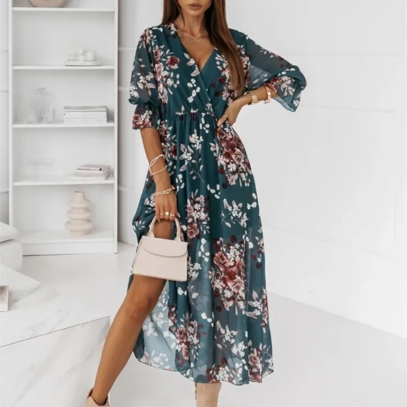 Vestido Midi Floral de gasa para vacaciones, cuello en V, manga corta, abertura frontal, elegante, para fiesta y playa, vestidos largos para verano 2024