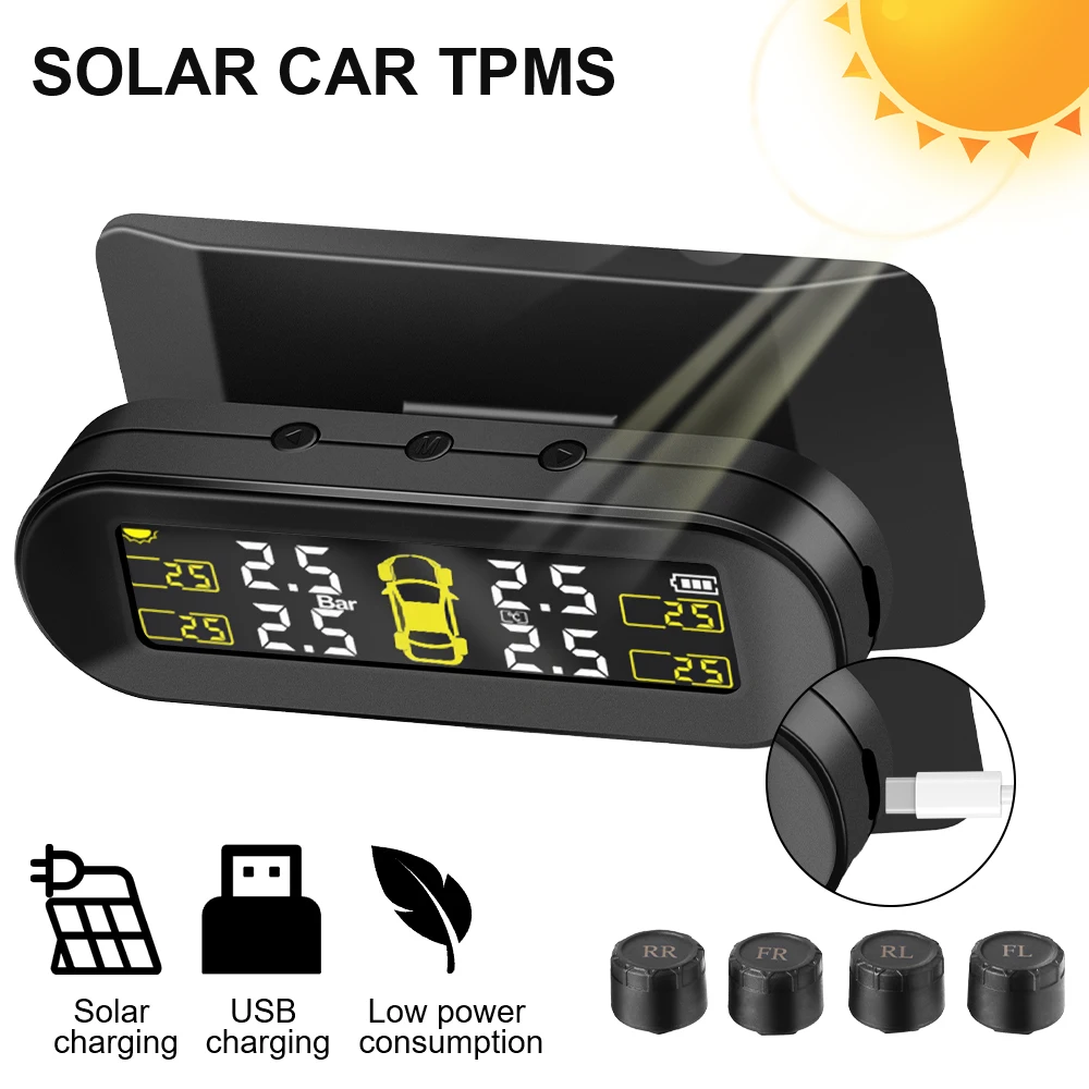 Car TPMS T10 Solar Powered Tire Pressure Monitoring System Tyre Tester Rotary Display Security Alarm 4 TPMS Sensors Accessories