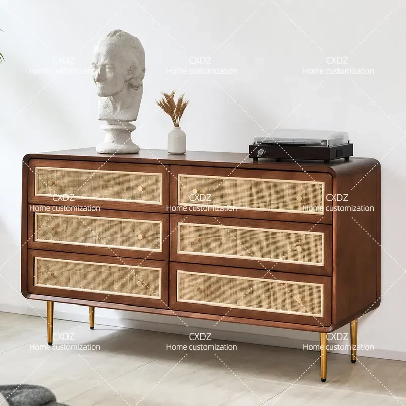 Nordic Solid Wood Rattan Retro Six Drawer Chest Cabinet Home Storage Bedroom Furniture Japanese Style Porch Locker Organizer