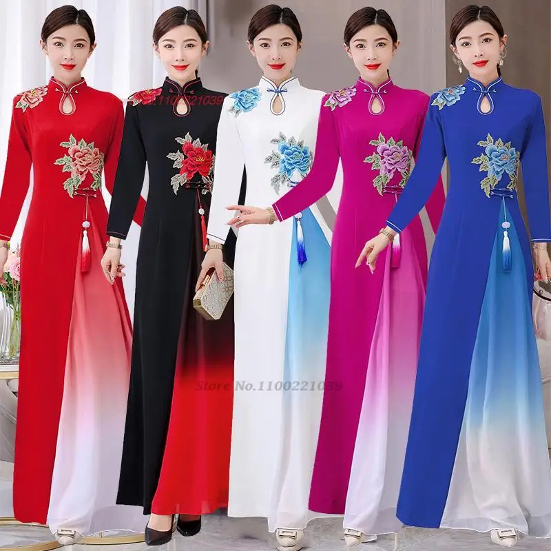 

2024 vietnam aodai dress traditional chinese improved qipao national flower embroidery cheongsam dress banquet evening dress