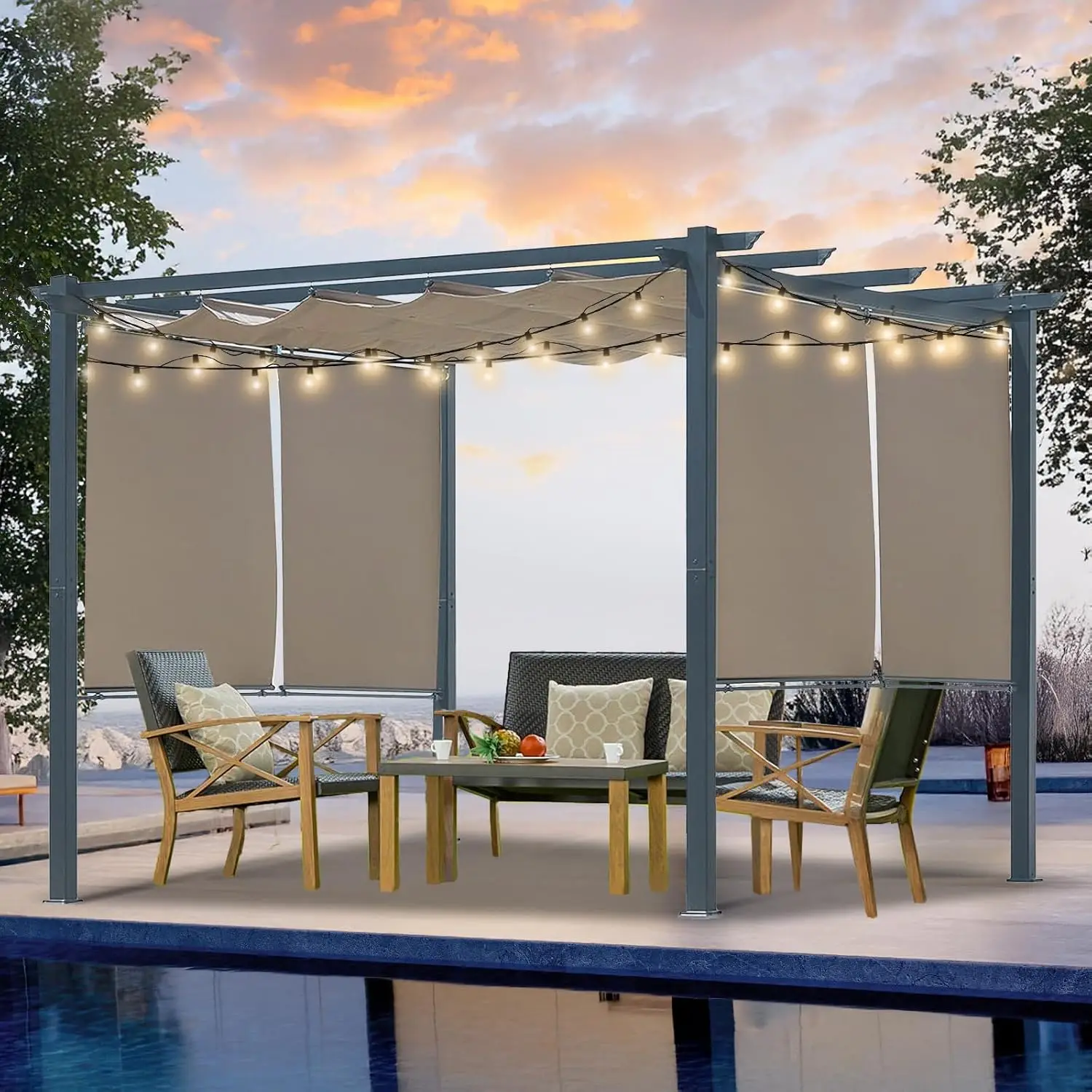 10x10 Ft Aluminum Pergola Retractable Canopy & 2 Side Shades for Patio Backyard Garden Deck, Customized