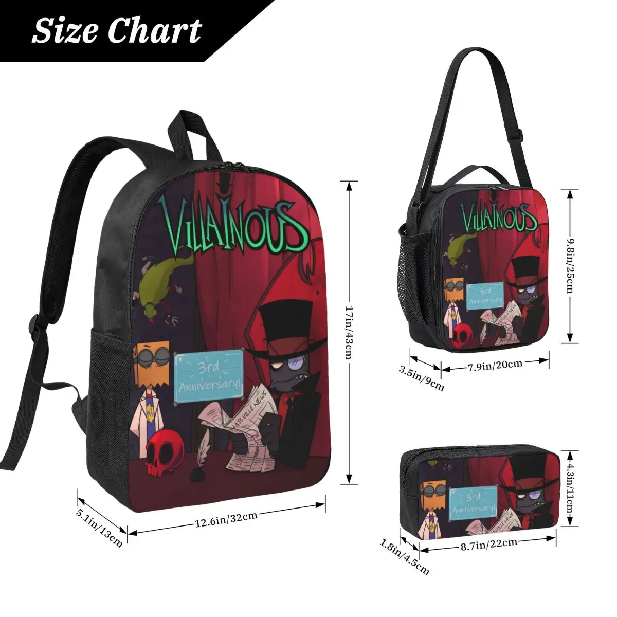 3Pcs Villainous Comdy Theme School bags Set for Boy Girl Pen Bags Backpack Sets with Lunch Box For School Students Daypack