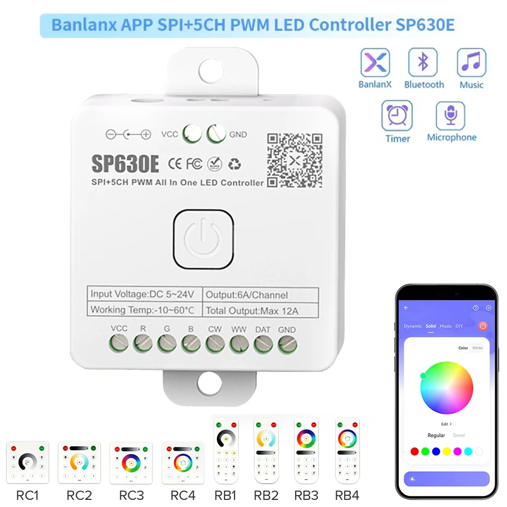 

All in One LED Controller SP630E 5CH PWM SPI Pixels LED Light Strip WS2812B WS2811 SK6812 FCOB 5050 RGB RGBW CCT Music BT 5V-24V