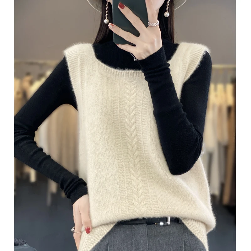 100% pure wool autumn and winter new vest women's knitted cashmere sweater vest sleeveless square neck sling solid color Joker. image 4