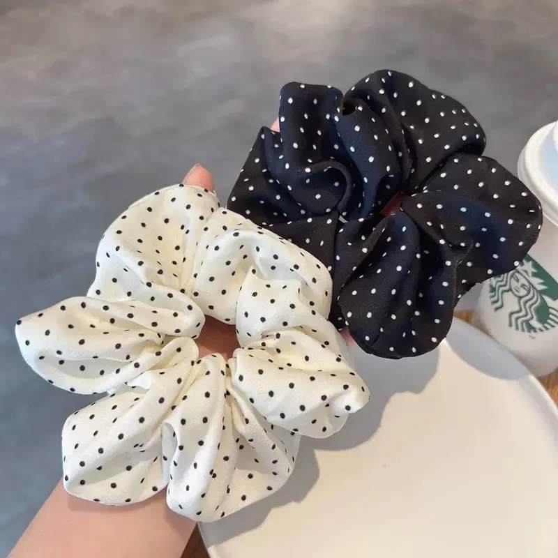 2er-Pack Schwarz-Weiß Gepunktete Gerüschte Scrunchies Hochelastische Haarbänder für Frauen Modische Haaraccessoires Pferdeschwanzhalter