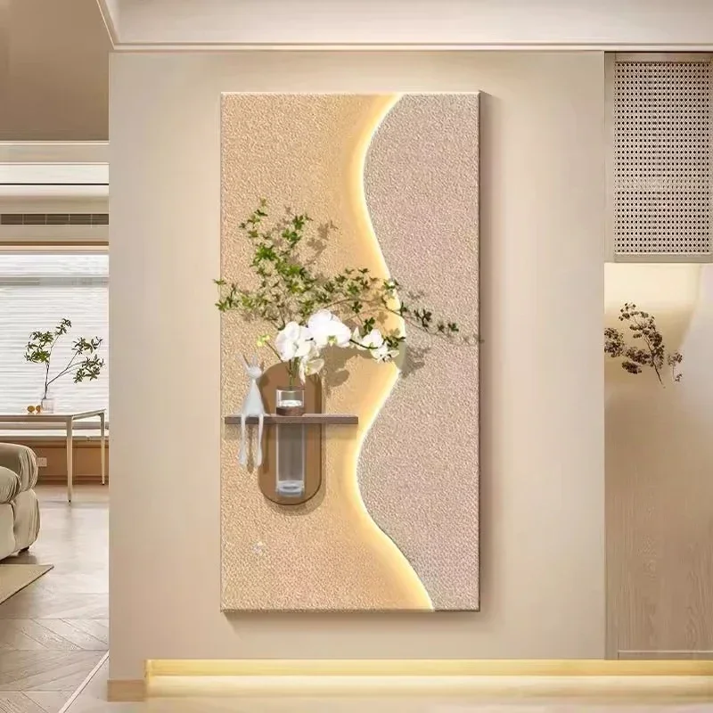 Pintura decorativa de entrada de viento en crema, plantas verdes hidropónicas para entrar en casa, pintura de iluminación Mural opuesto en la puerta
