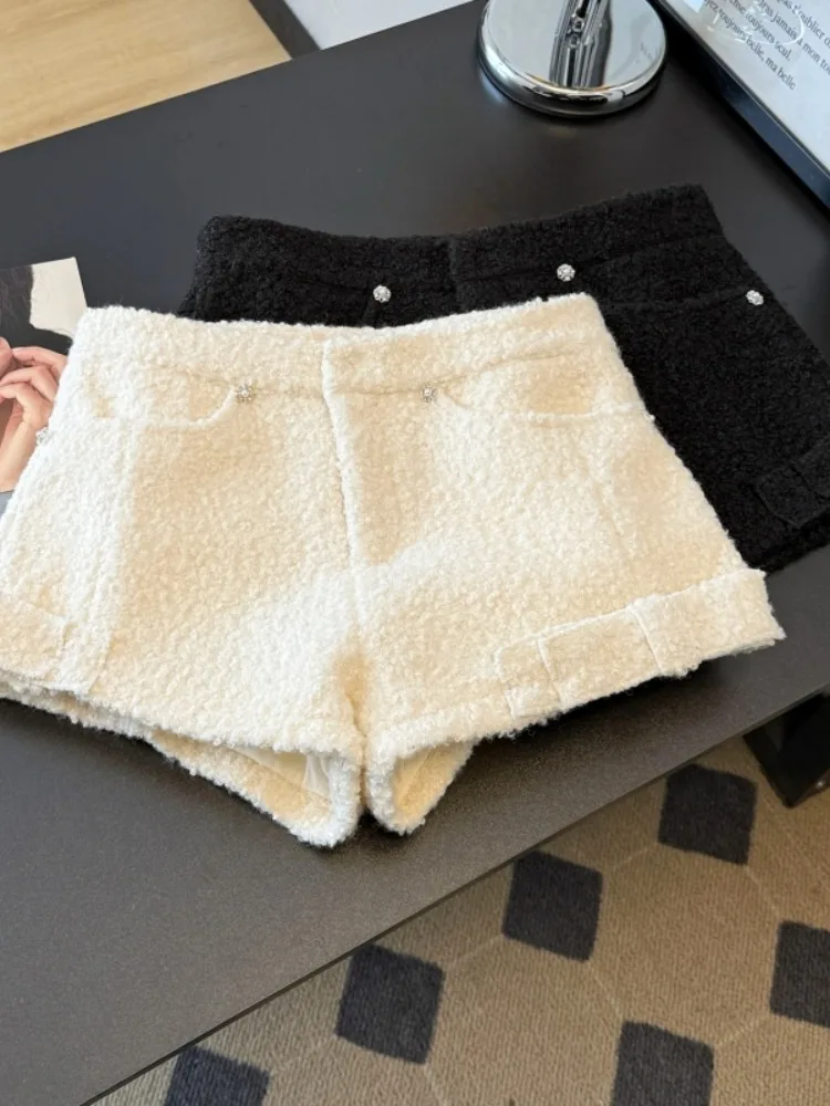 White Lamb Fur Wide Leg ort Pants Women's Casual Bootcut Pants High Waist A-Line Base Layer Hot Pants Winter Commute Sle