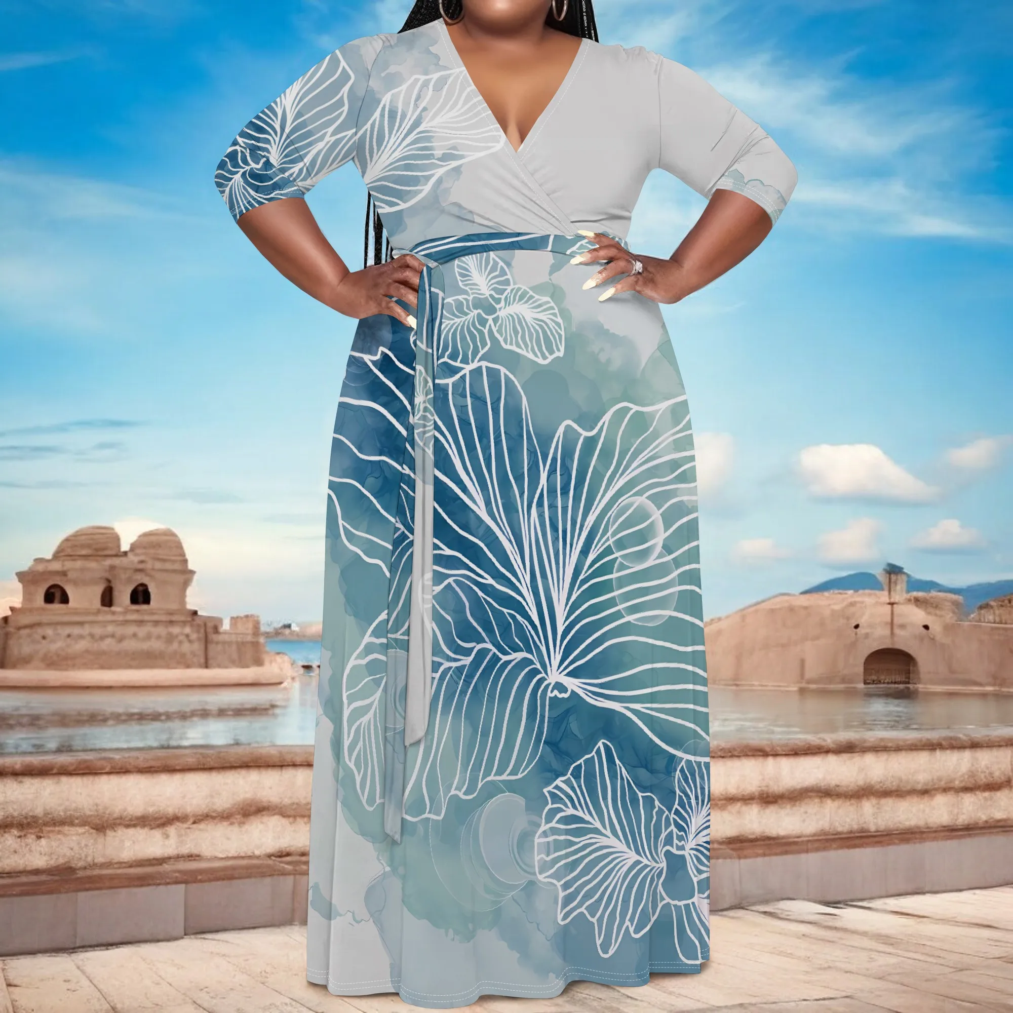 

Nupusa Leaf Print Dress for Women Plus Size Summer Casual V Neck Half Sleeve Maxi Dress