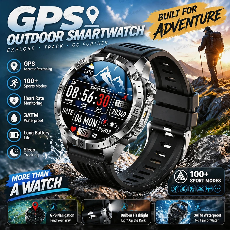 2026New Outdoor Military GPS Navigation Men SmartWatch Offline Map 2GB RAM 730 mAh Compass Flashlight 1.43