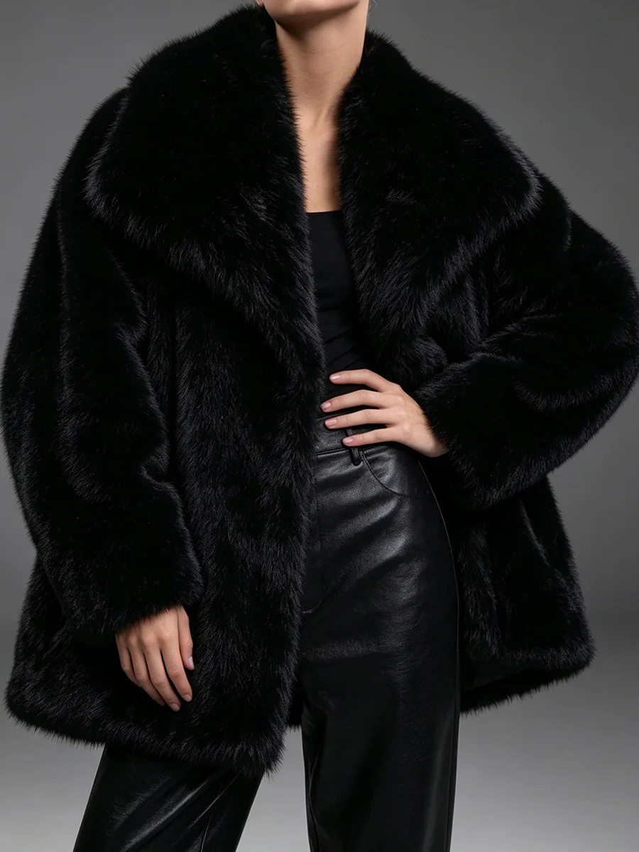 PUAL  Women Faux Fur Coat 2026 Winter Luxury Big Lapel Loose Short Plush Black Warm Outerwear Streetwear Jacke