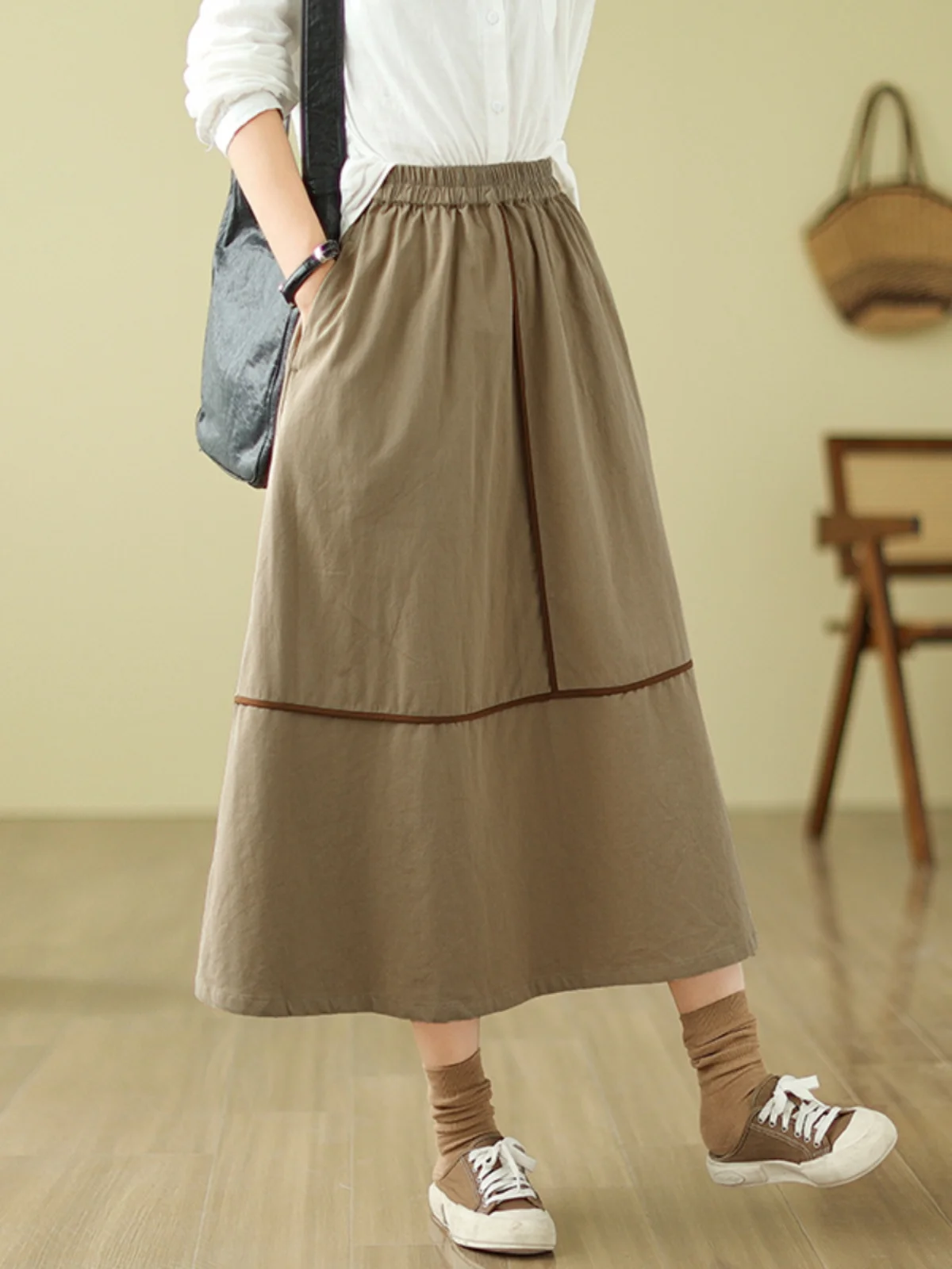 Kaki kleur puur katoen A-lijn rok dames retro kleur Blo elastische taille afslankende midi rok woon-werkverkeer Sle vrijetijdskleding