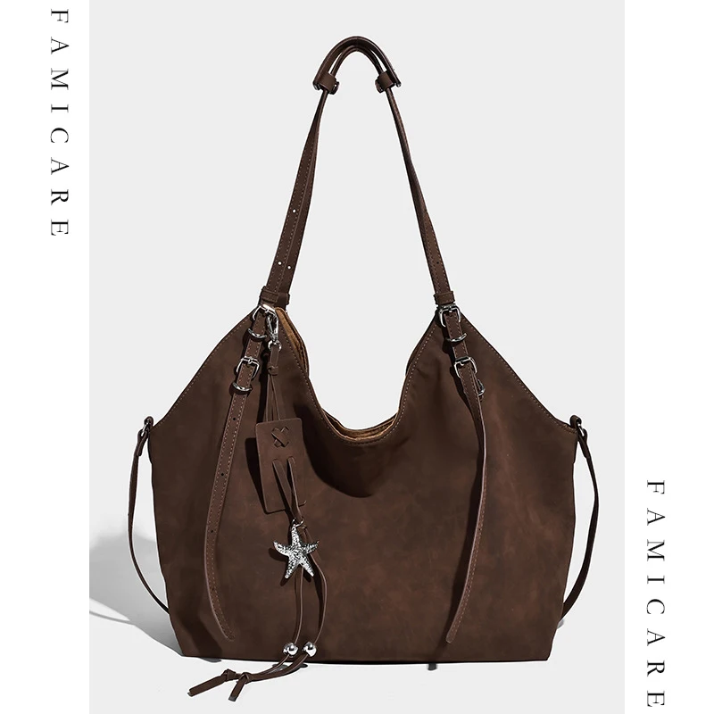 2025 Fall Winter New Faux Suede Spacious Tote Single Shoulder Underarm Bag Women Commuting Trendy Chic Premium Shopping Handbag
