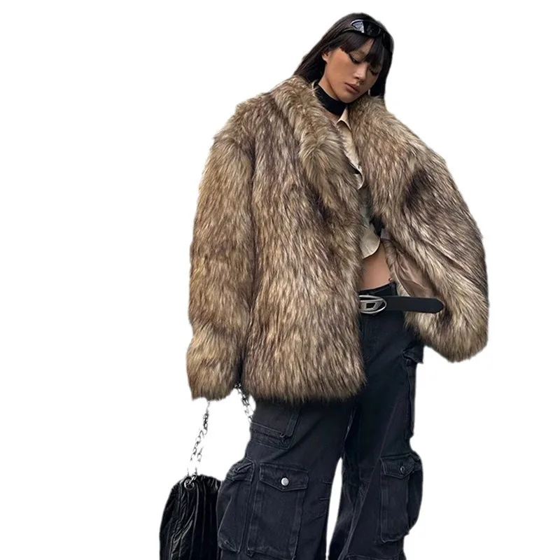 Long Faux Fur Coat Women Autumn Winter Large Jacket Overcoat White Turn Down Collar Pockets Thick Coat Warm Jackets Maxi Coats