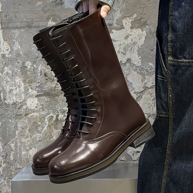 

Мужские модные высокие рыцарские сапоги для ночного клуба, оригинальные кожаные туфли на шнуровке, ковбойские ботинки на платформе, крутые длинные мотоциклетные ботинки для мужчин