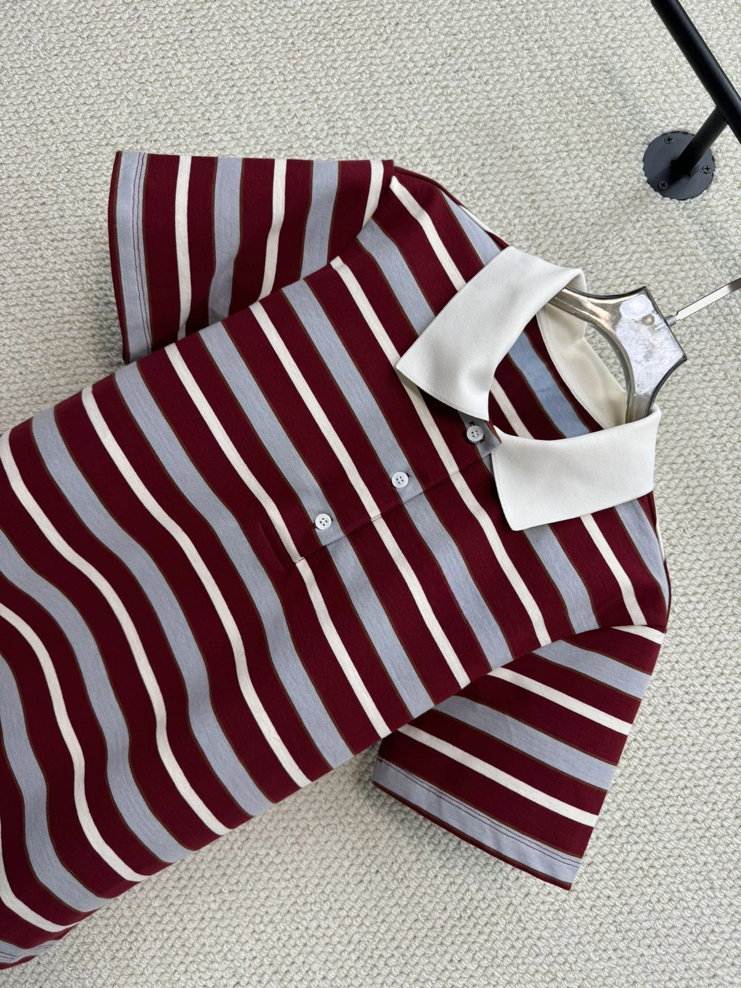 New Style  Shirt Short Sleeve Striped Contrast Color Collar Embroidered Letter Slimming Fashionable Versatile Cotton Knitted