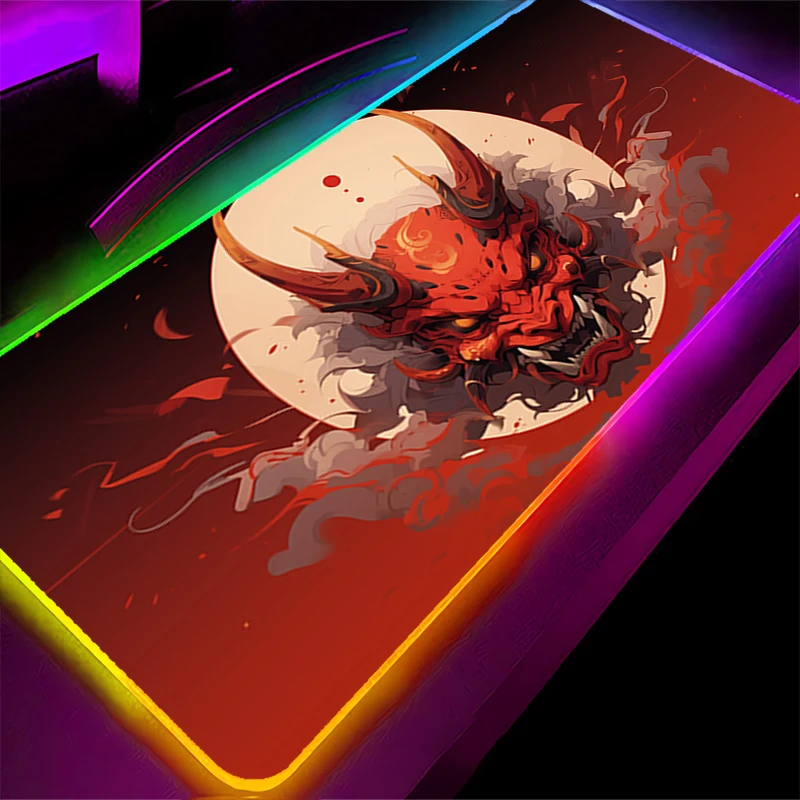 

RGB светодиодный коврик для мыши, коврик для клавиатуры ноутбука, нескользящий игровой коврик в стиле аниме, аксессуары для ПК, коврик для мыши, резиновый Oni Hannya Samurai Mask, настольный коврик
