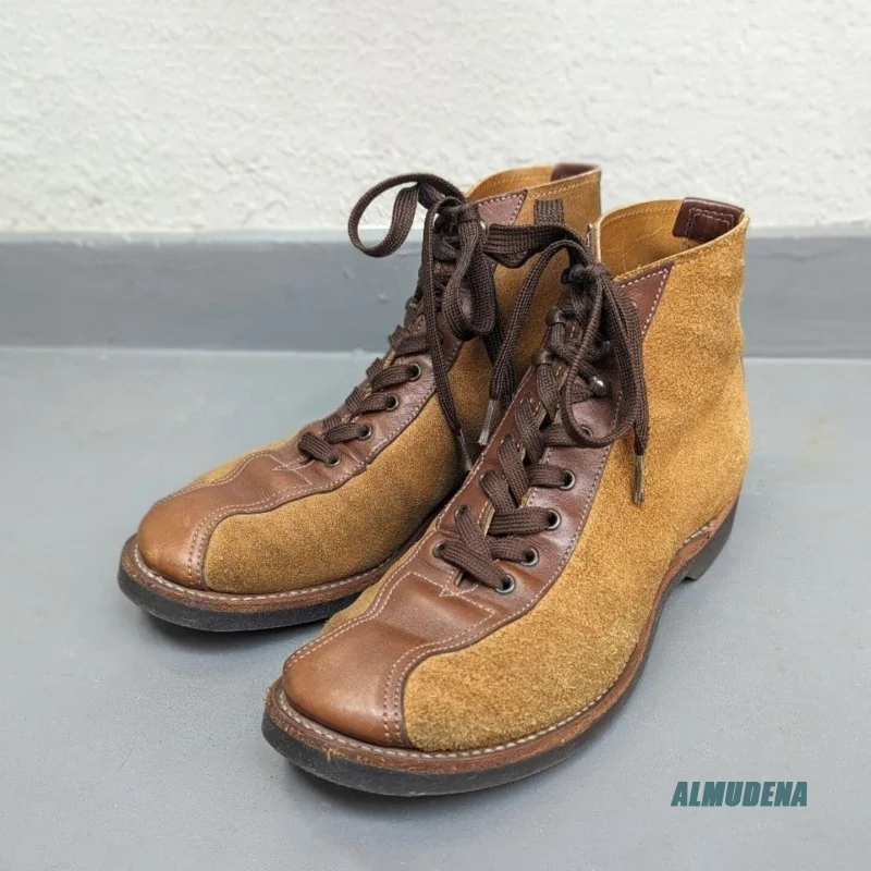 

Brown Suede Leather Men's Boxing Boots Retro American Style Round Toe Lace-Up Two-Tone Workwear High-Top Ankle Boots