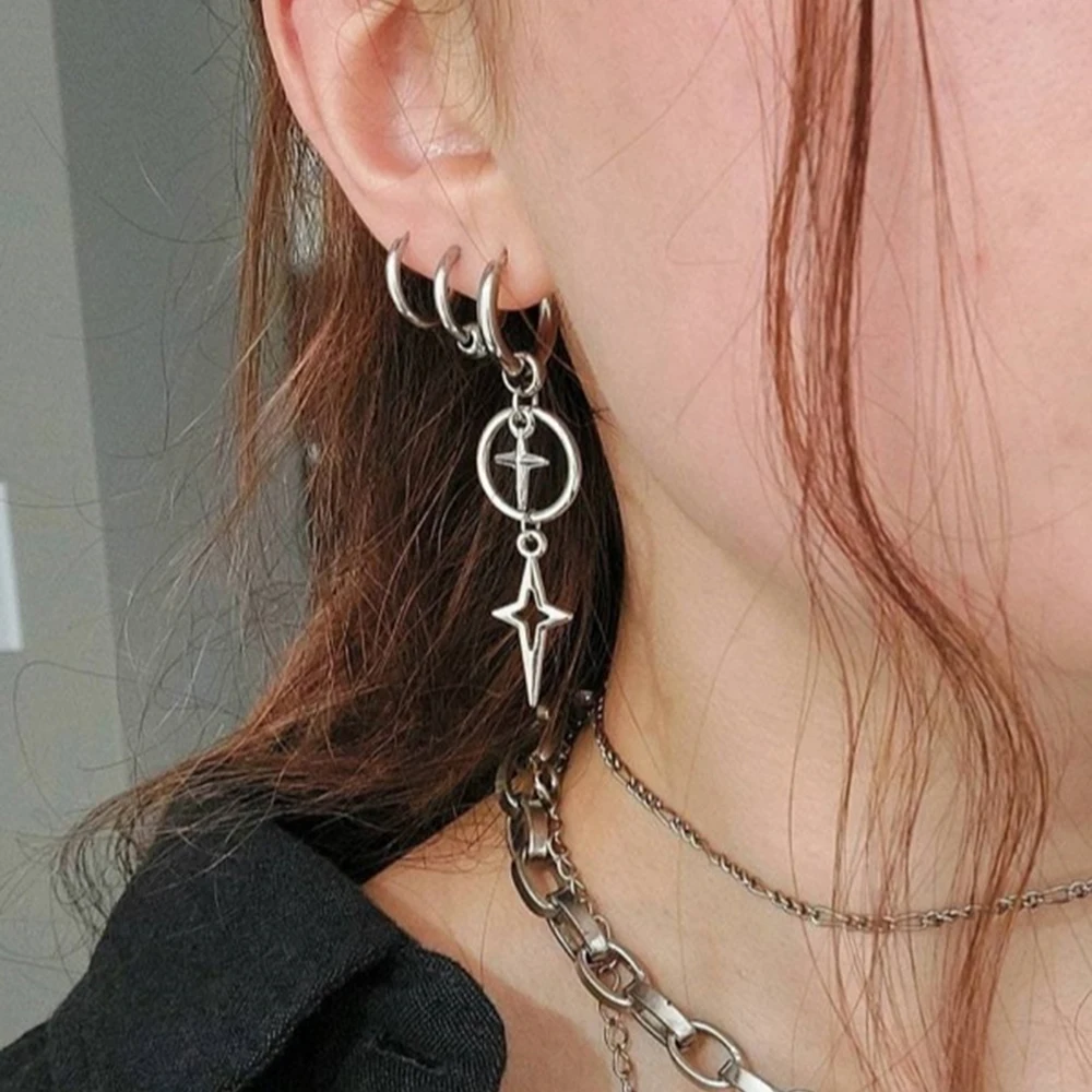 Y2K Grunge Star Drop Hoop Earrings, Silver Cross Star Dangle Earrings, Punk Gothic Jewelry for Women, Ideal for Streetwea