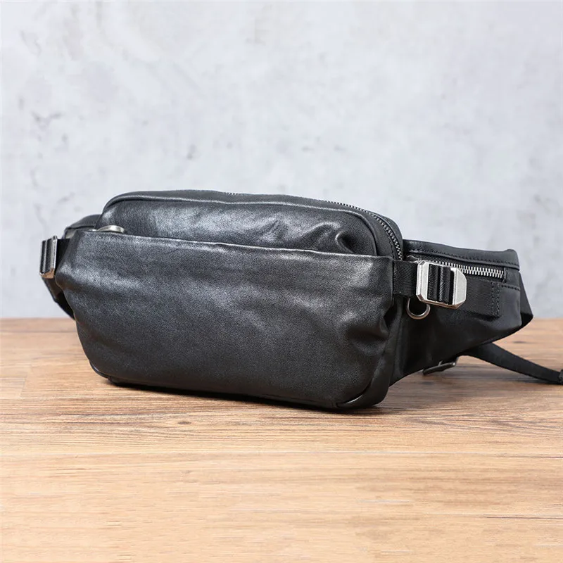 PNDME outdoor casual luxury genuine leather black men's chest bag high quality soft real cowhide sports shoulder crossbody bag
