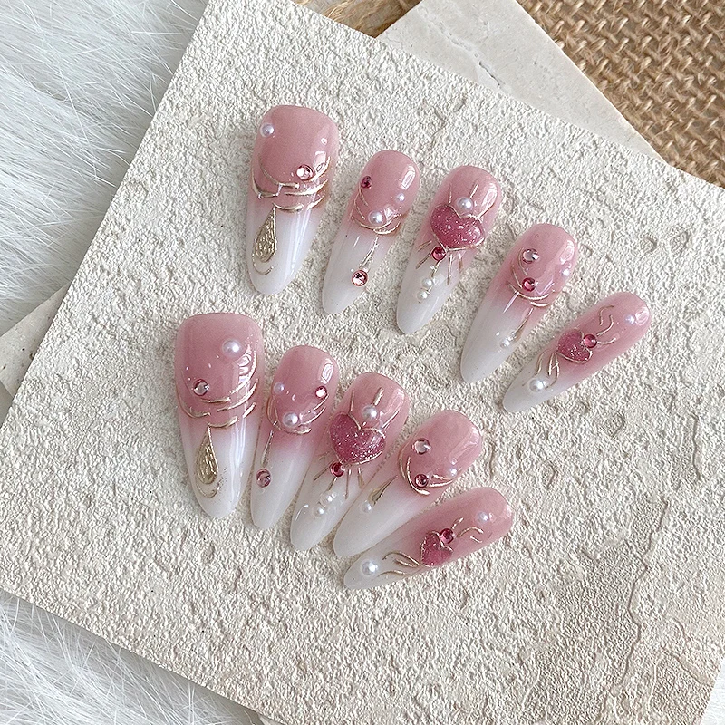 10pcs Pure Hand Pressed Almond Shaped Nail Art, Beautiful Fake Nails, Cherry Blossom Powder Gradient, Suitable for Women to Use