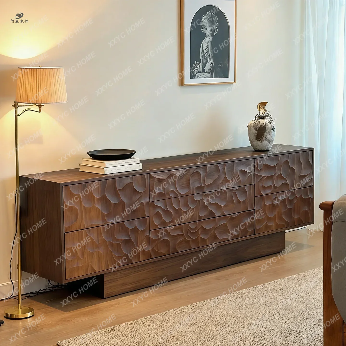 BJ North American Black Walnut Solid Wood Sideboard,  Carved Living Room, Wall Storage Cabinet, Second-hand