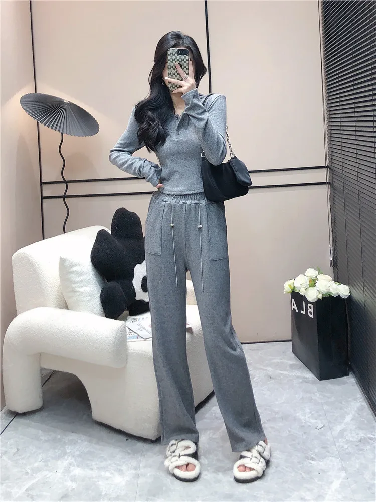 

High Street Spring Autumn Hooded Long Sleeve Short Top Tracksuit Women Casual Hoodies Straight Drawstring Pants Two Piece Sets