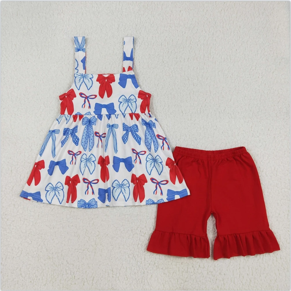 

Newest Kid New Arrival Cute Girls Outfits Fashion Summer Baby Girls Strap Red Blue Bow Shorts Set 2 Pieces Sets Kids Clothes New