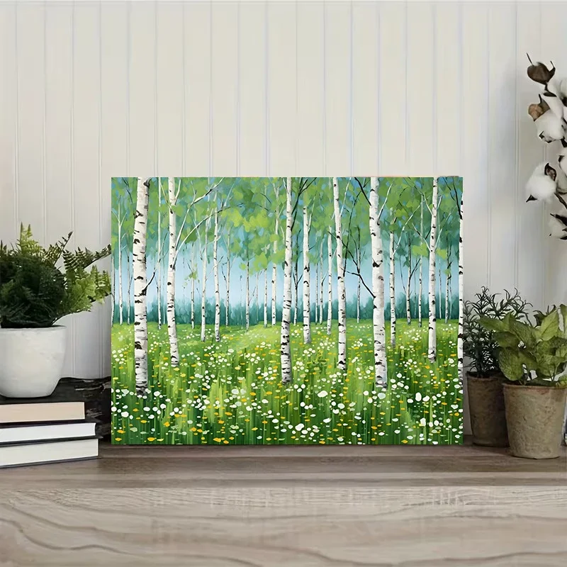 Multiple sizes 1pc frameless Canvas Painting,Vibrant Green Birch Leaves and Wildflowers in Forest Poster and Prints Canvas Paint