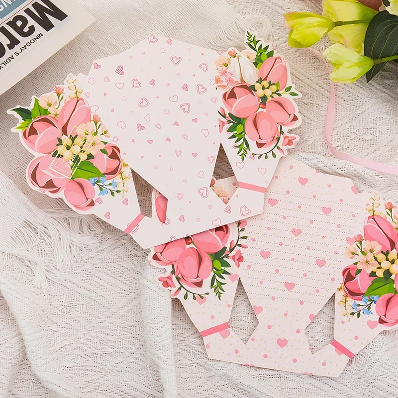 Flower Pattern 3D Foldable Bouquet Greeting Card Mother's Day Thank You Gift Message Card Birthday DIY Flower Bow Card