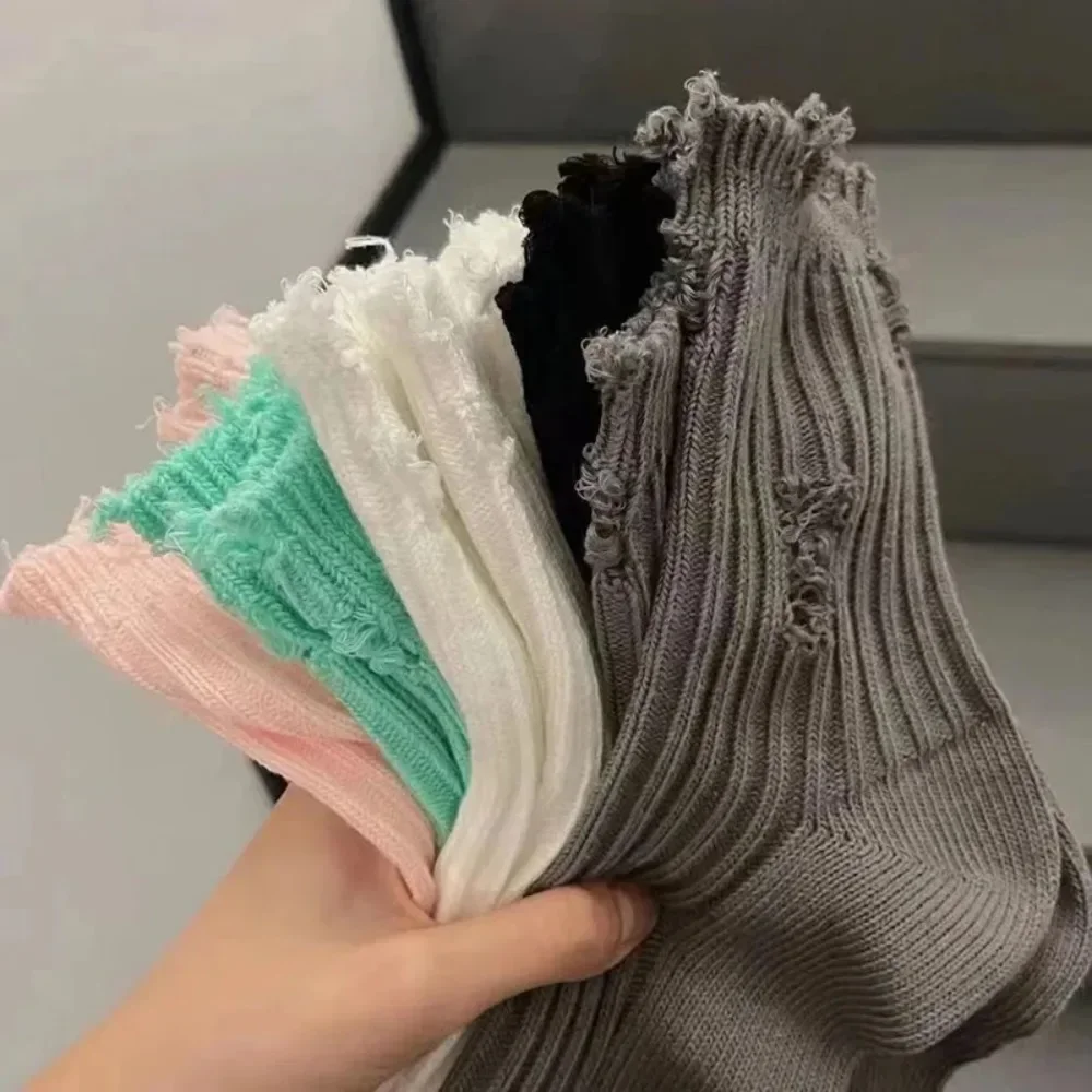 Broken Hole Socks Women Skateboard Beggar Cotton Socks Medium Tube Knitted Street Stocking Trendy Ripped Sox Носки Женские Чулки image 3